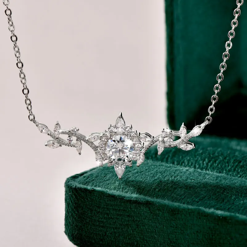 Lnngy Certificated Moissanite Necklace 14K Gold Filled Sophisticated Floral Leaf Pendant Necklaces for Women Wedding Jewelry