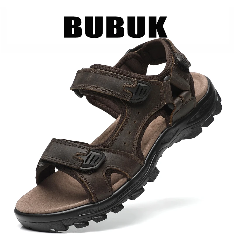 Bubuk Men's Outdoor Casual Sandals Made of Top Layer Cowhide, Fashionable and Versatile Open-Toe Design, Adjustable for All Seasons, Comfortable Flat Beach Shoes, Men's Water Shoes