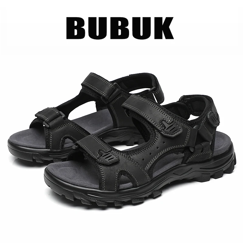 Bubuk Men's Outdoor Casual Sandals Made of Top Layer Cowhide, Fashionable and Versatile Open-Toe Design, Adjustable for All Seasons, Comfortable Flat Beach Shoes, Men's Water Shoes