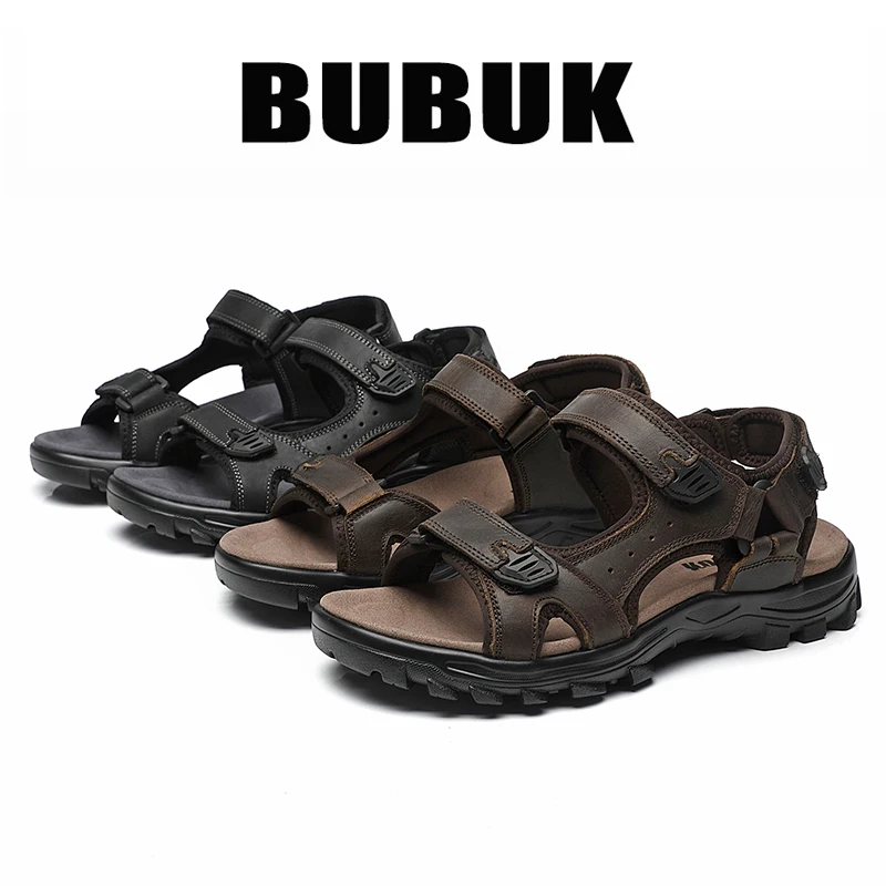 Bubuk Men's Outdoor Casual Sandals Made of Top Layer Cowhide, Fashionable and Versatile Open-Toe Design, Adjustable for All Seasons, Comfortable Flat Beach Shoes, Men's Water Shoes
