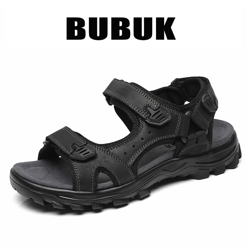Bubuk Men's Outdoor Casual Sandals Made of Top Layer Cowhide, Fashionable and Versatile Open-Toe Design, Adjustable for All Seasons, Comfortable Flat Beach Shoes, Men's Water Shoes