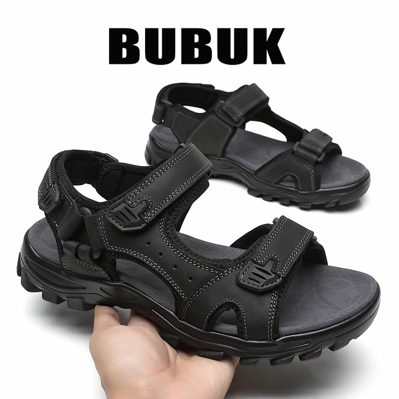 Bubuk Men's Outdoor Casual Sandals Made of Top Layer Cowhide, Fashionable and Versatile Open-Toe Design, Adjustable for All Seasons, Comfortable Flat Beach Shoes, Men's Water Shoes