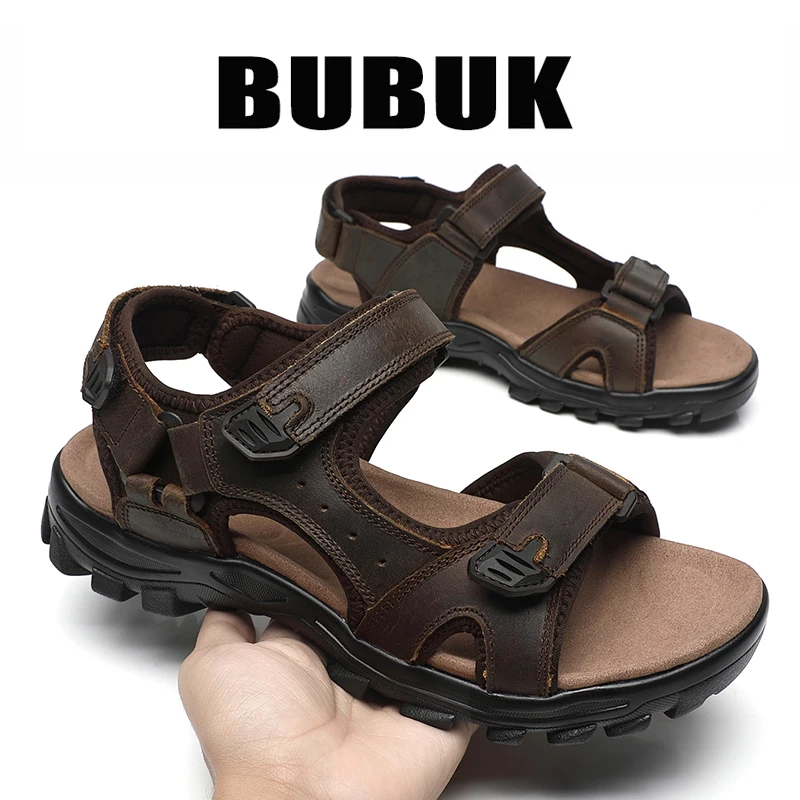 Bubuk Men's Outdoor Casual Sandals Made of Top Layer Cowhide, Fashionable and Versatile Open-Toe Design, Adjustable for All Seasons, Comfortable Flat Beach Shoes, Men's Water Shoes