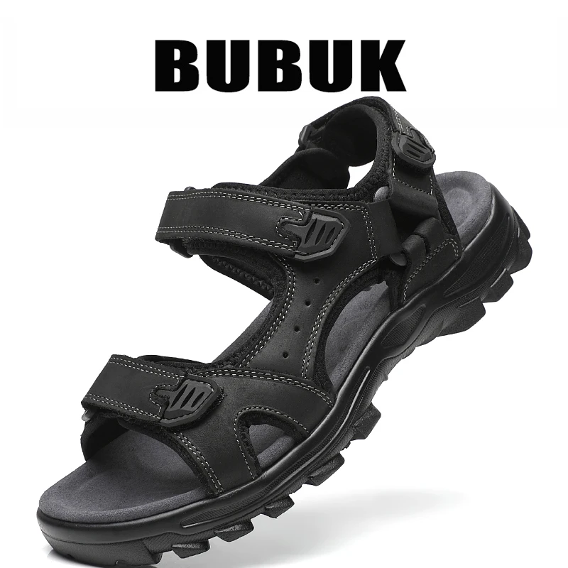 Bubuk Men's Outdoor Casual Sandals Made of Top Layer Cowhide, Fashionable and Versatile Open-Toe Design, Adjustable for All Seasons, Comfortable Flat Beach Shoes, Men's Water Shoes