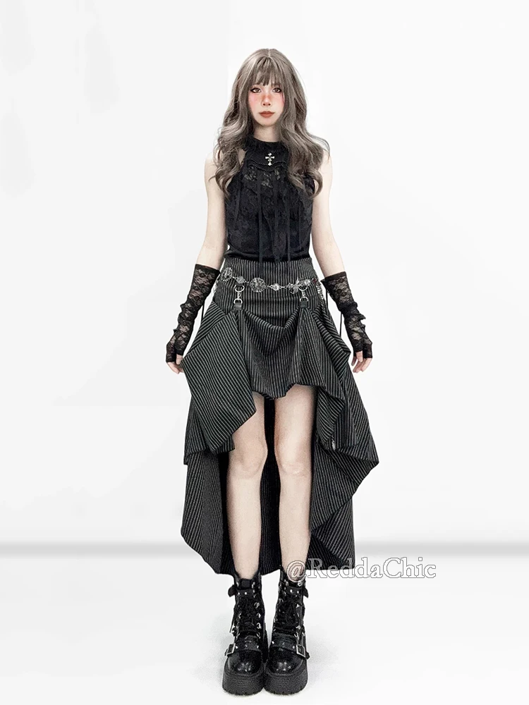 REDDACHiC Black Striped Suit Skirt Grunge Retro 3-Way Fishtail High-Low Maxi Long Train Skirt Gothic Woman Alternative Clothes