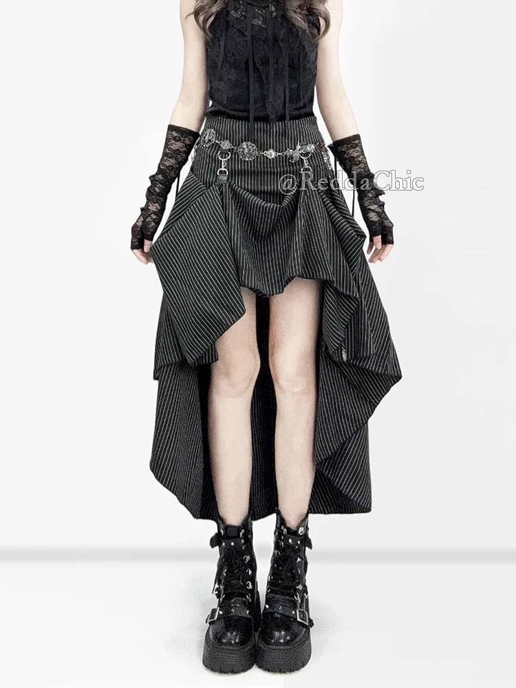 REDDACHiC Black Striped Suit Skirt Grunge Retro 3-Way Fishtail High-Low Maxi Long Train Skirt Gothic Woman Alternative Clothes