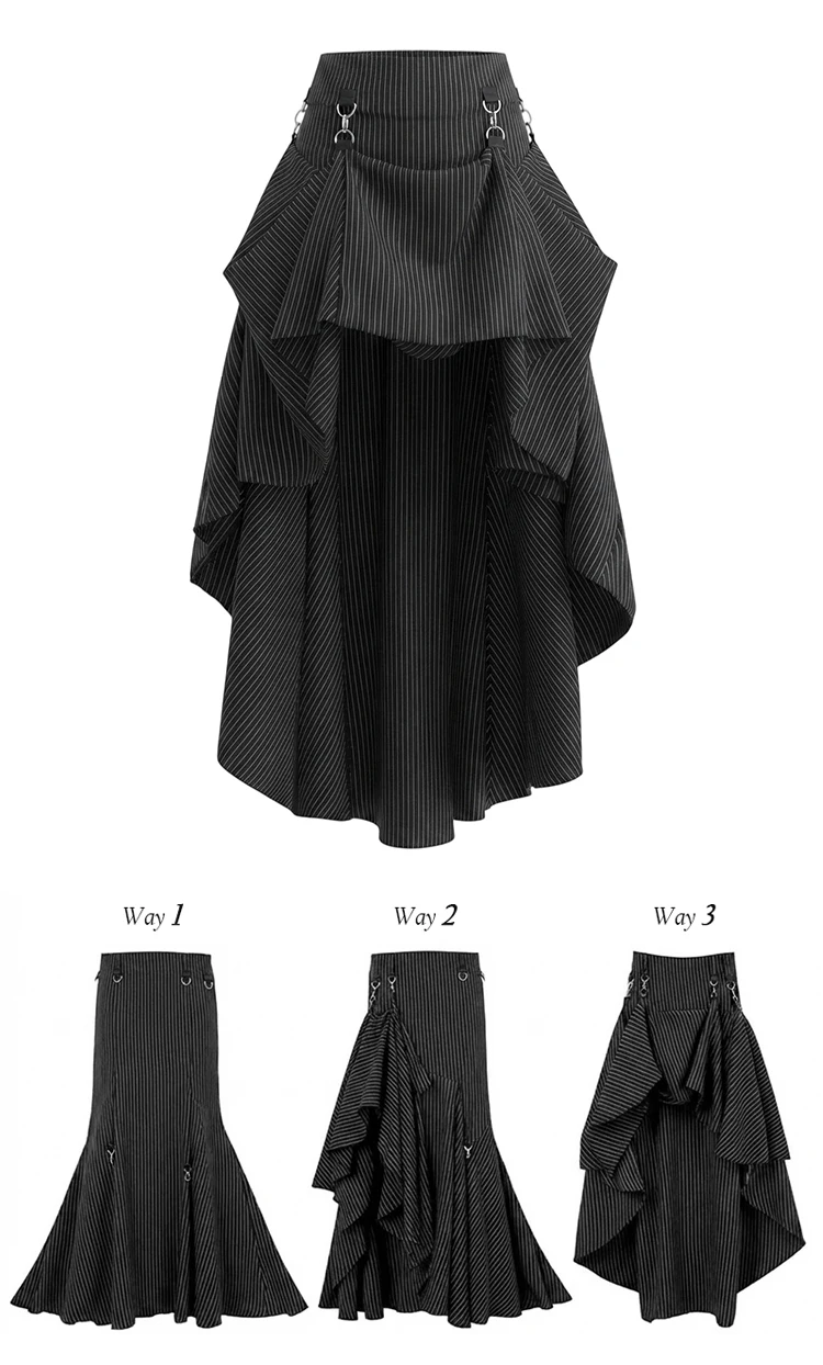 REDDACHiC Black Striped Suit Skirt Grunge Retro 3-Way Fishtail High-Low Maxi Long Train Skirt Gothic Woman Alternative Clothes