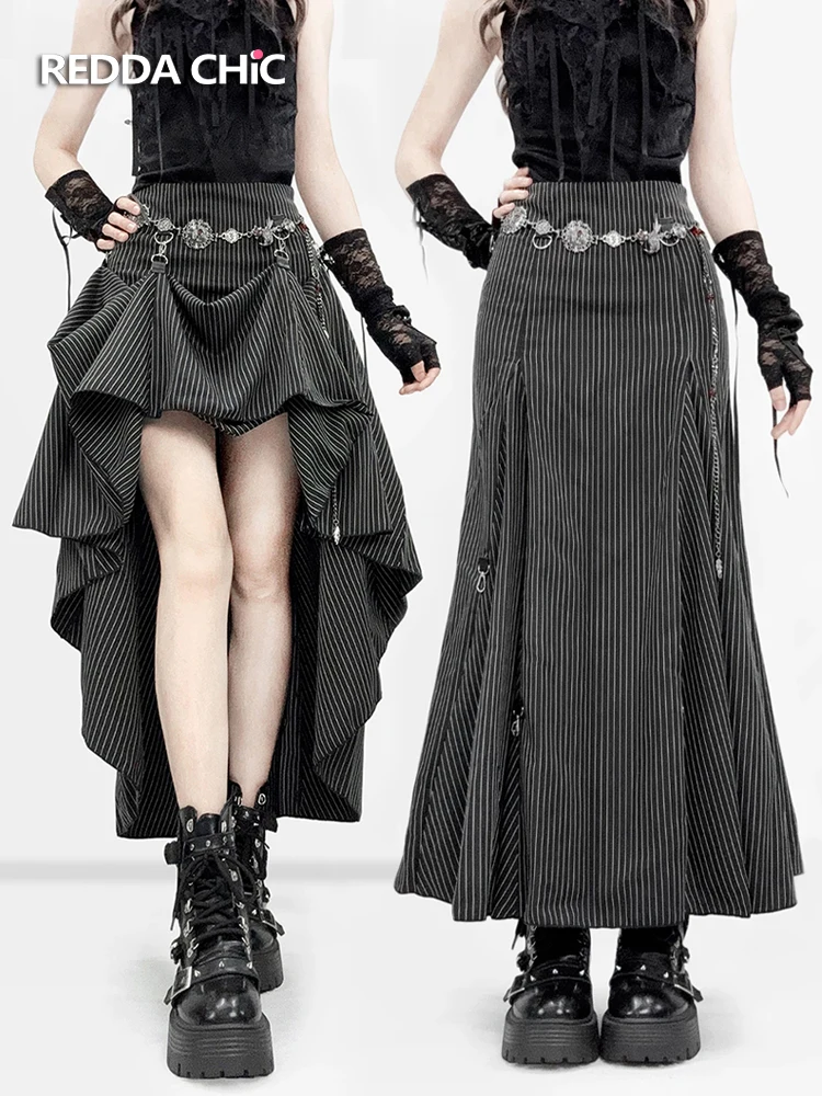 REDDACHiC Black Striped Suit Skirt Grunge Retro 3-Way Fishtail High-Low Maxi Long Train Skirt Gothic Woman Alternative Clothes