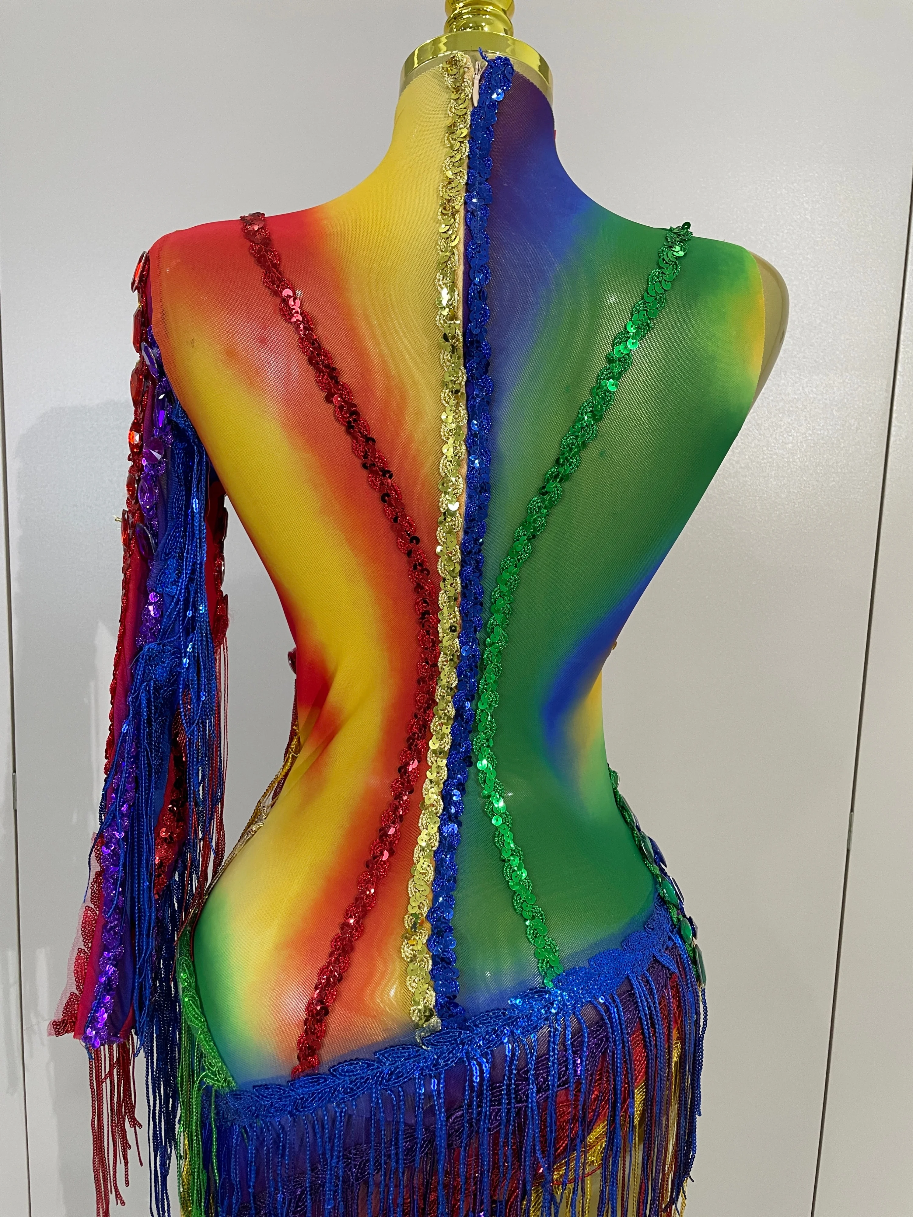 Women Colorful Sparkly Rhinestones Tassel Sexy See-Through Dress One Shoulder Latin Dance Outfits Nightclub Party Stage Costume
