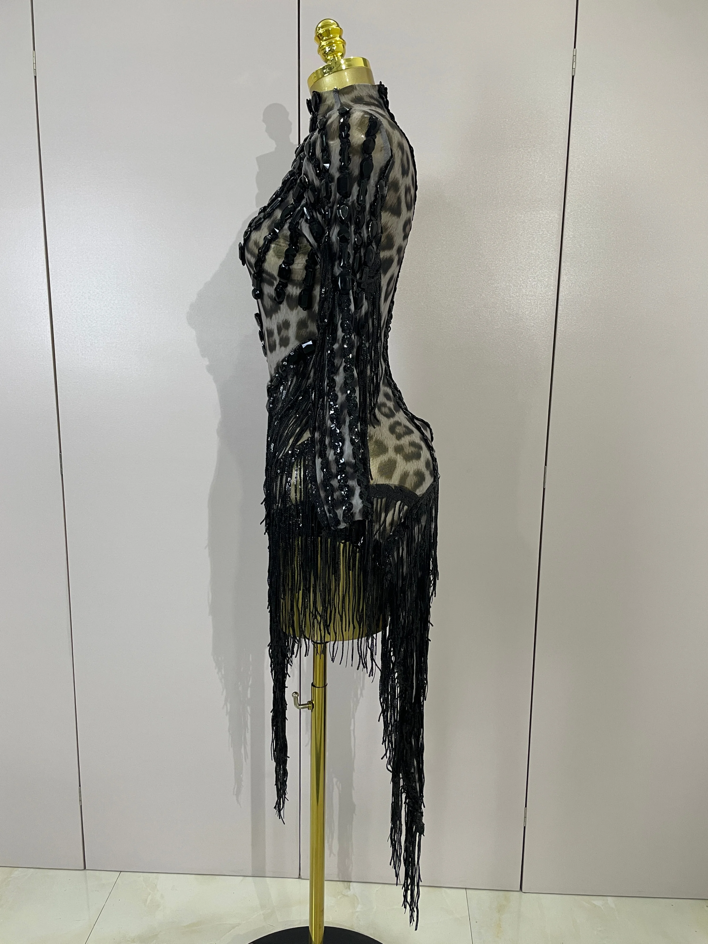 Women Colorful Sparkly Rhinestones Tassel Sexy See-Through Dress One Shoulder Latin Dance Outfits Nightclub Party Stage Costume