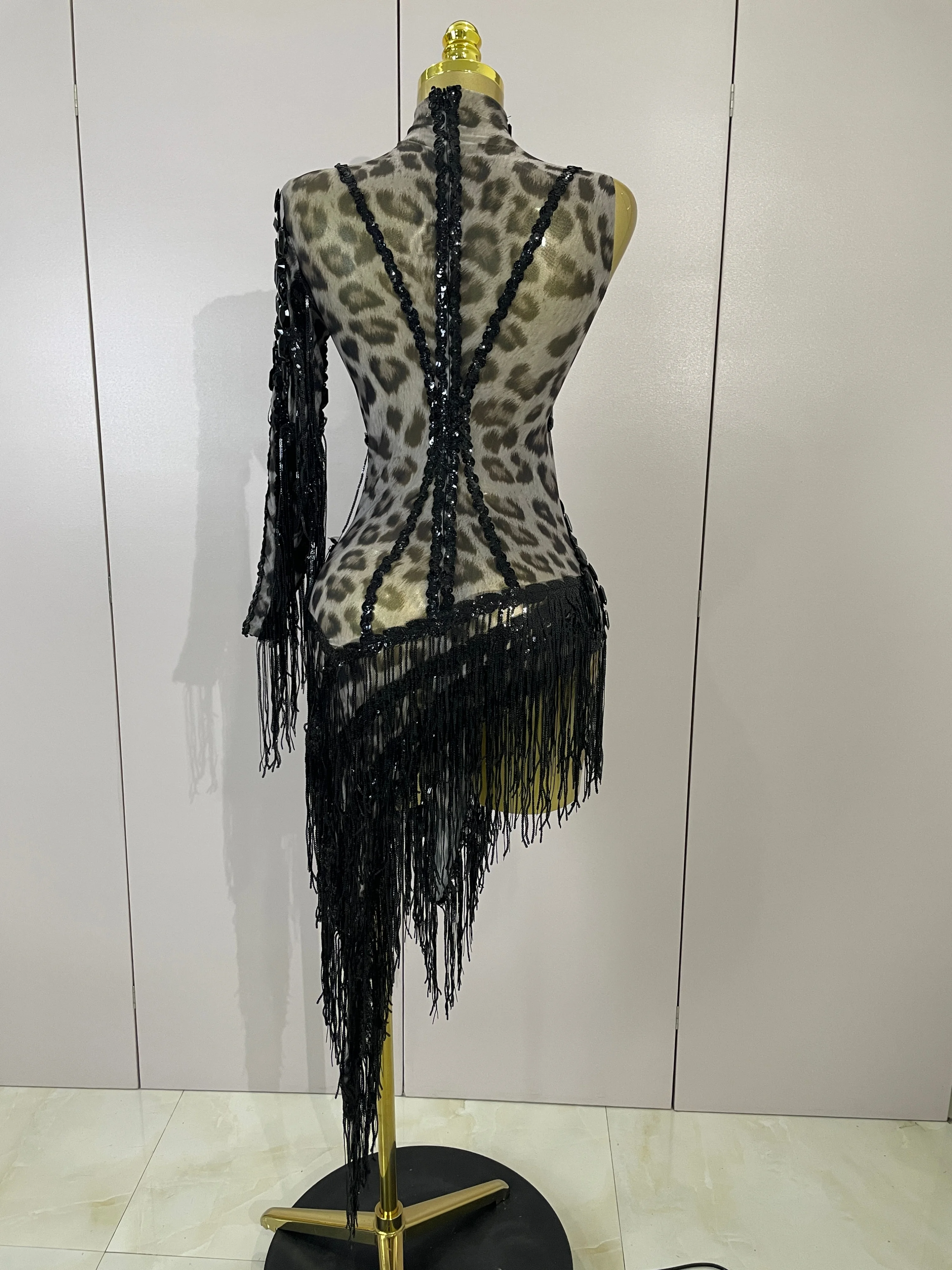 Women Colorful Sparkly Rhinestones Tassel Sexy See-Through Dress One Shoulder Latin Dance Outfits Nightclub Party Stage Costume