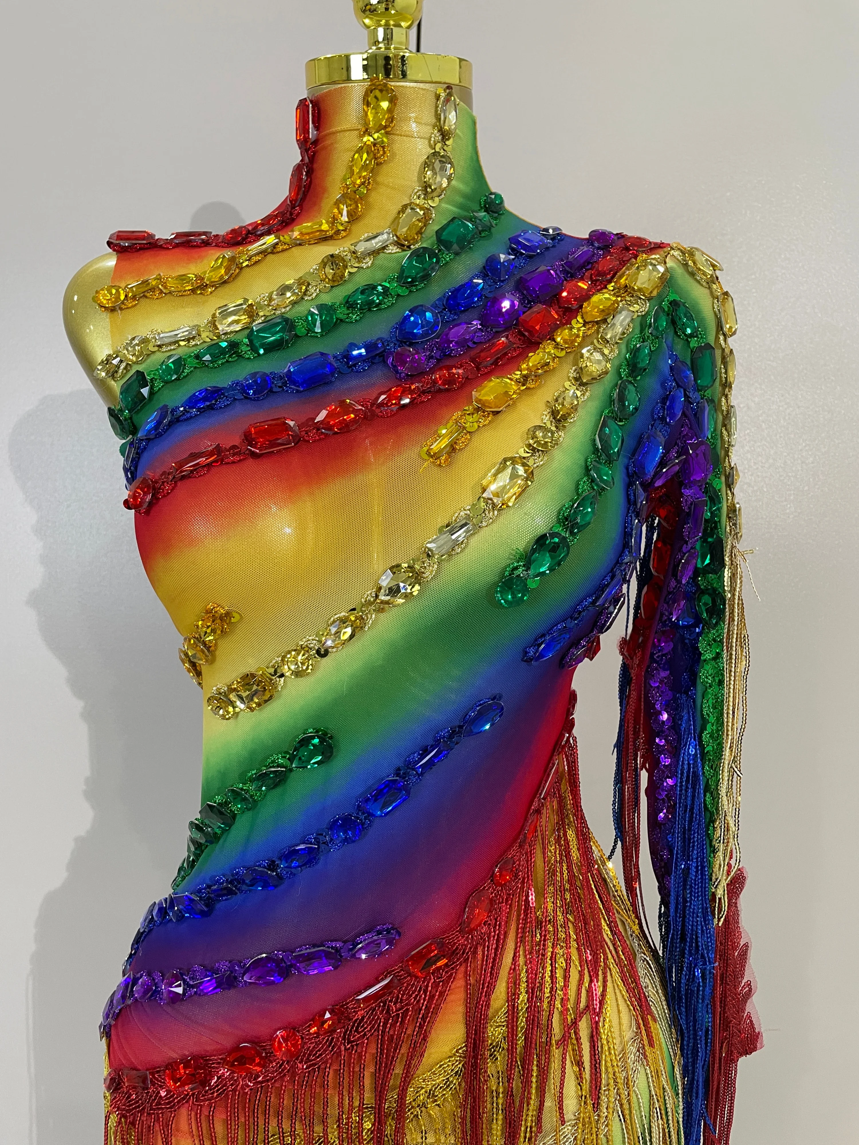 Women Colorful Sparkly Rhinestones Tassel Sexy See-Through Dress One Shoulder Latin Dance Outfits Nightclub Party Stage Costume