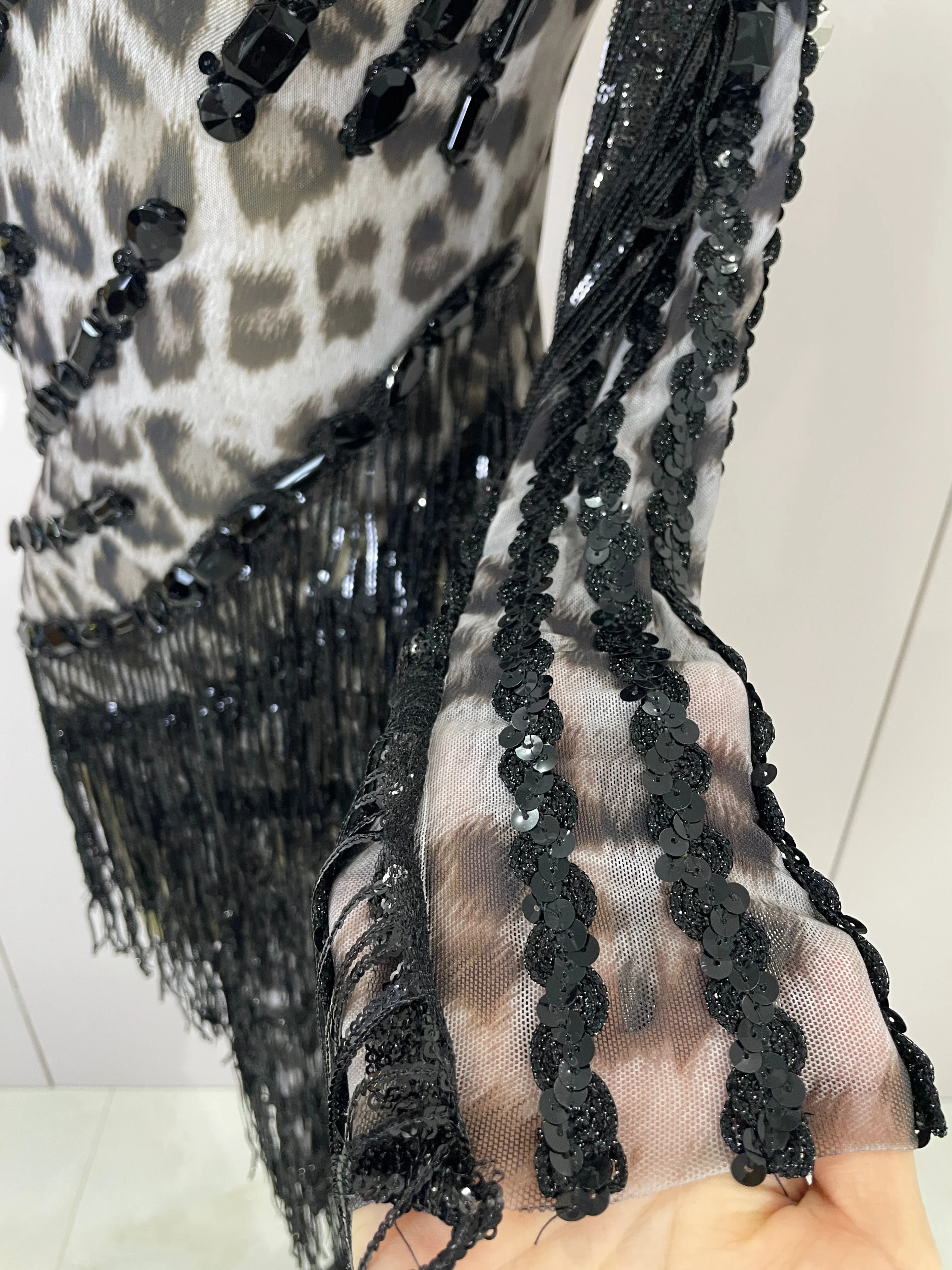 Women Colorful Sparkly Rhinestones Tassel Sexy See-Through Dress One Shoulder Latin Dance Outfits Nightclub Party Stage Costume