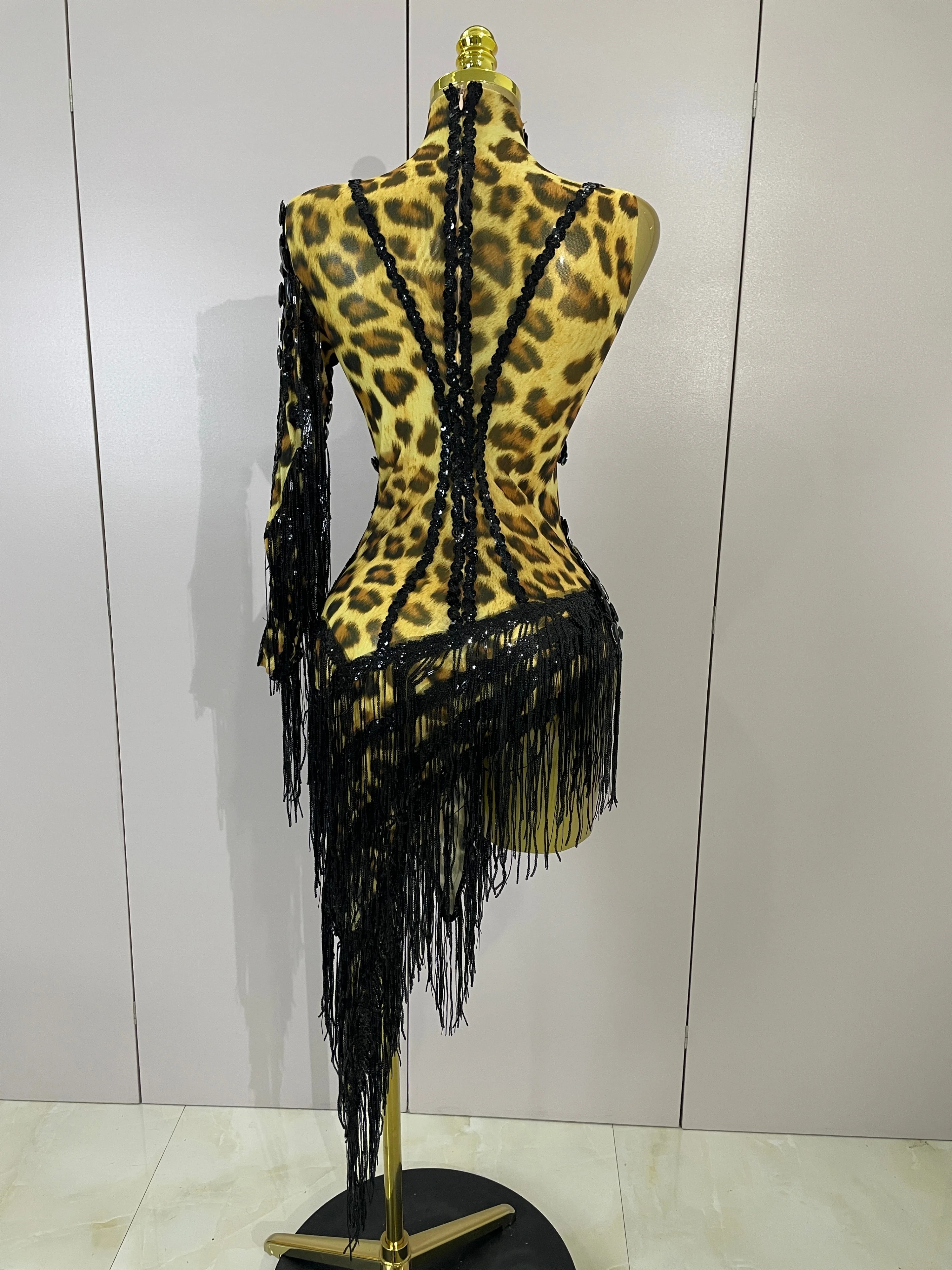 Women Colorful Sparkly Rhinestones Tassel Sexy See-Through Dress One Shoulder Latin Dance Outfits Nightclub Party Stage Costume