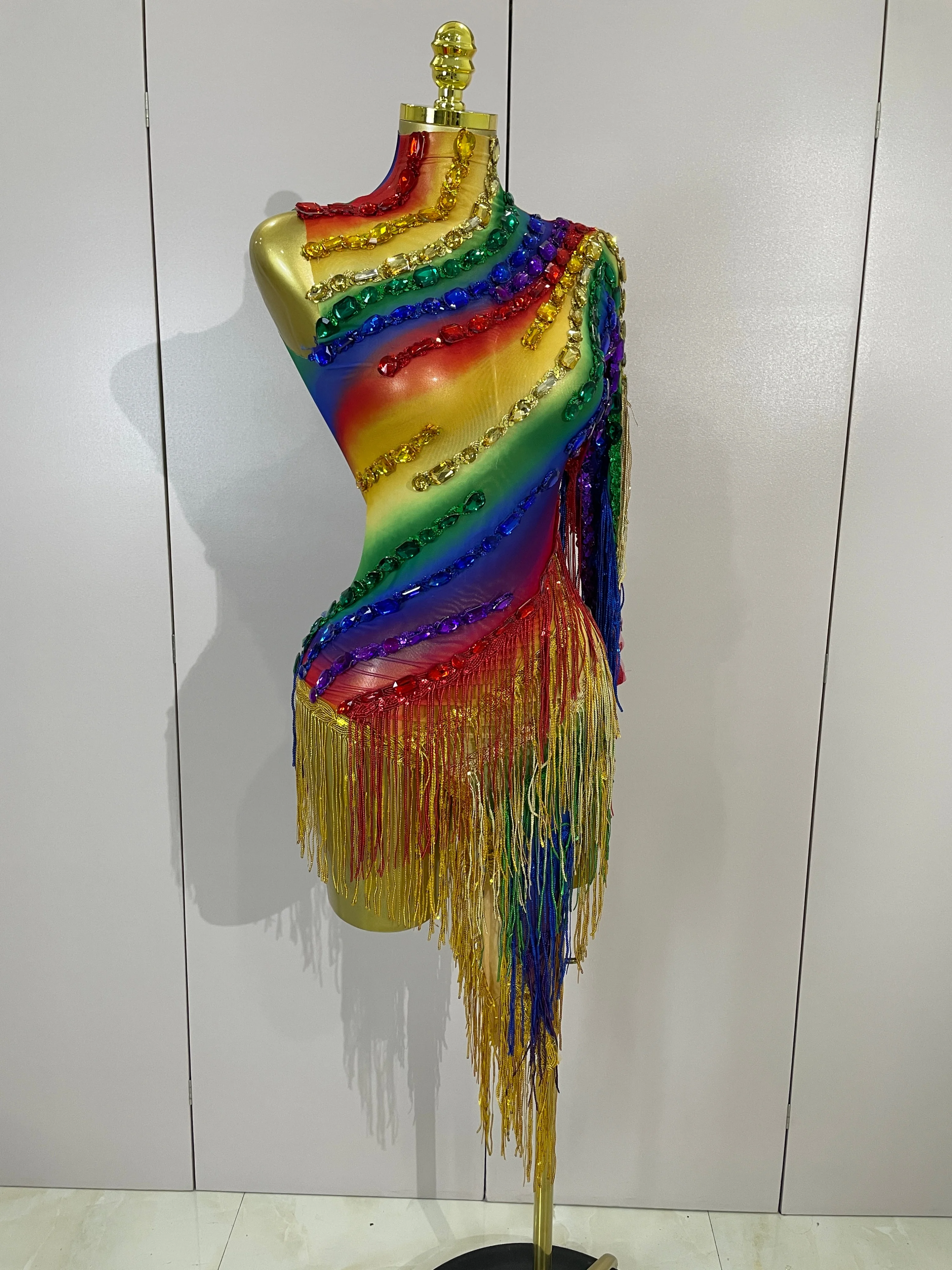 Women Colorful Sparkly Rhinestones Tassel Sexy See-Through Dress One Shoulder Latin Dance Outfits Nightclub Party Stage Costume