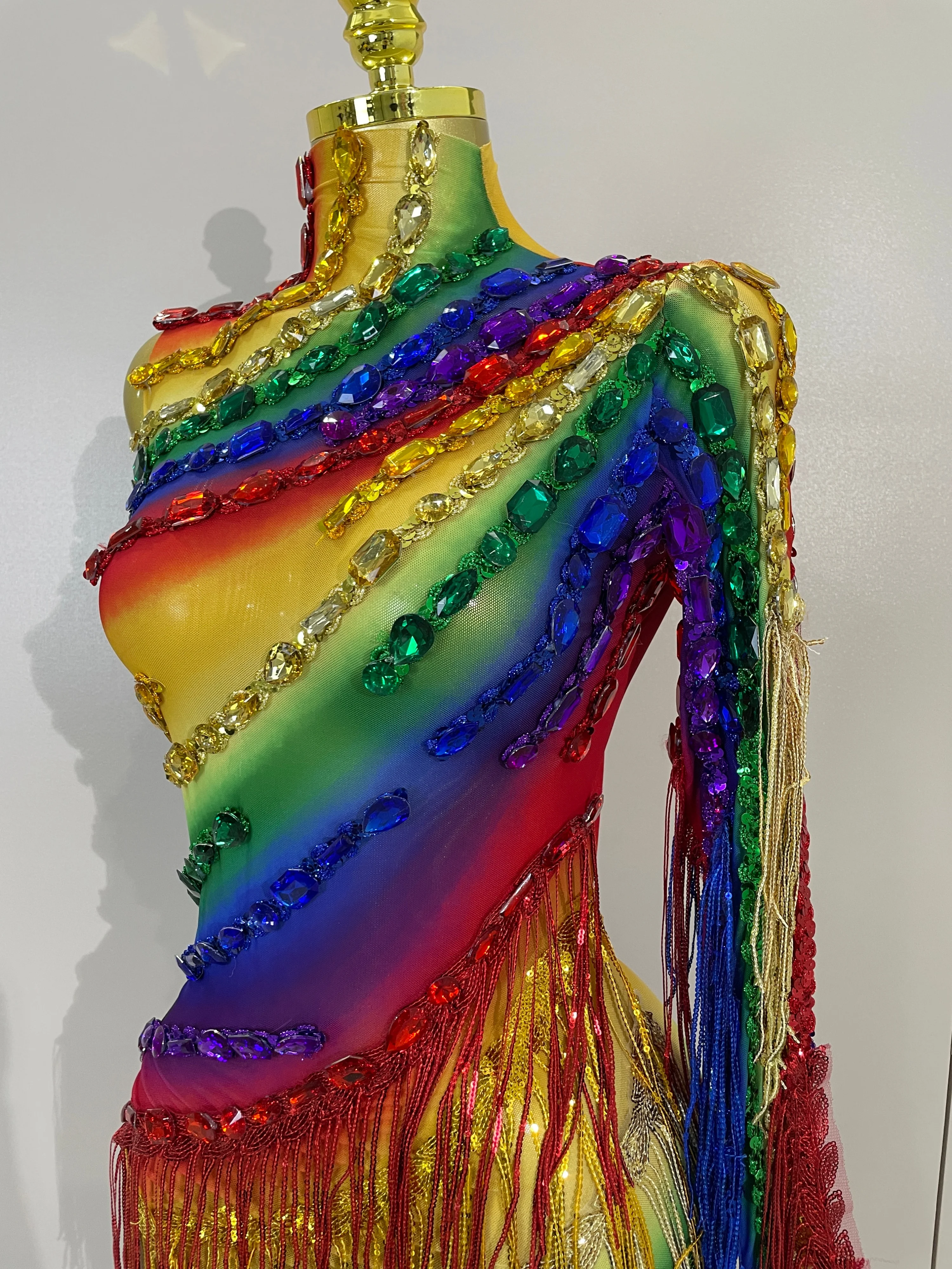 Women Colorful Sparkly Rhinestones Tassel Sexy See-Through Dress One Shoulder Latin Dance Outfits Nightclub Party Stage Costume