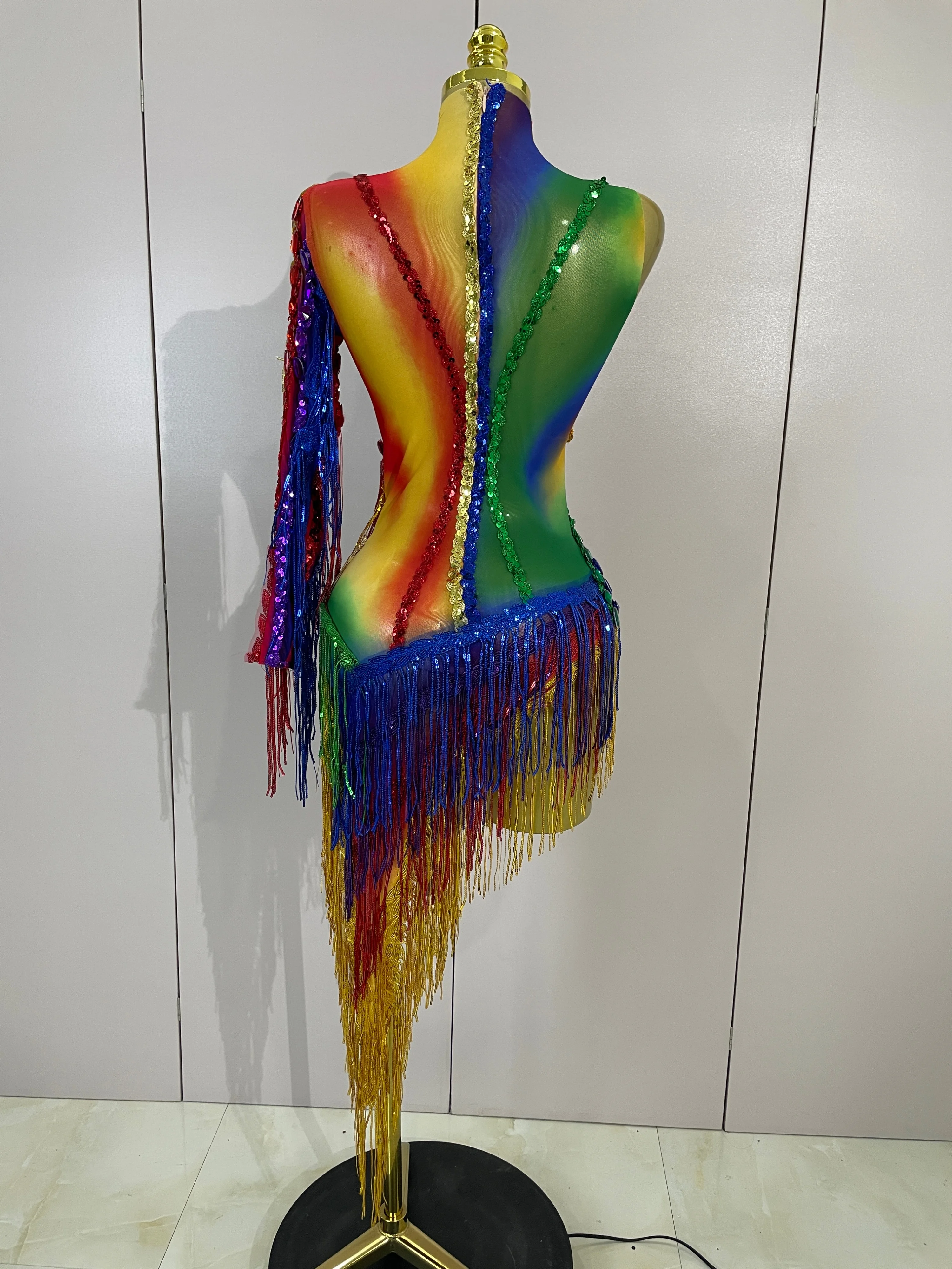Women Colorful Sparkly Rhinestones Tassel Sexy See-Through Dress One Shoulder Latin Dance Outfits Nightclub Party Stage Costume