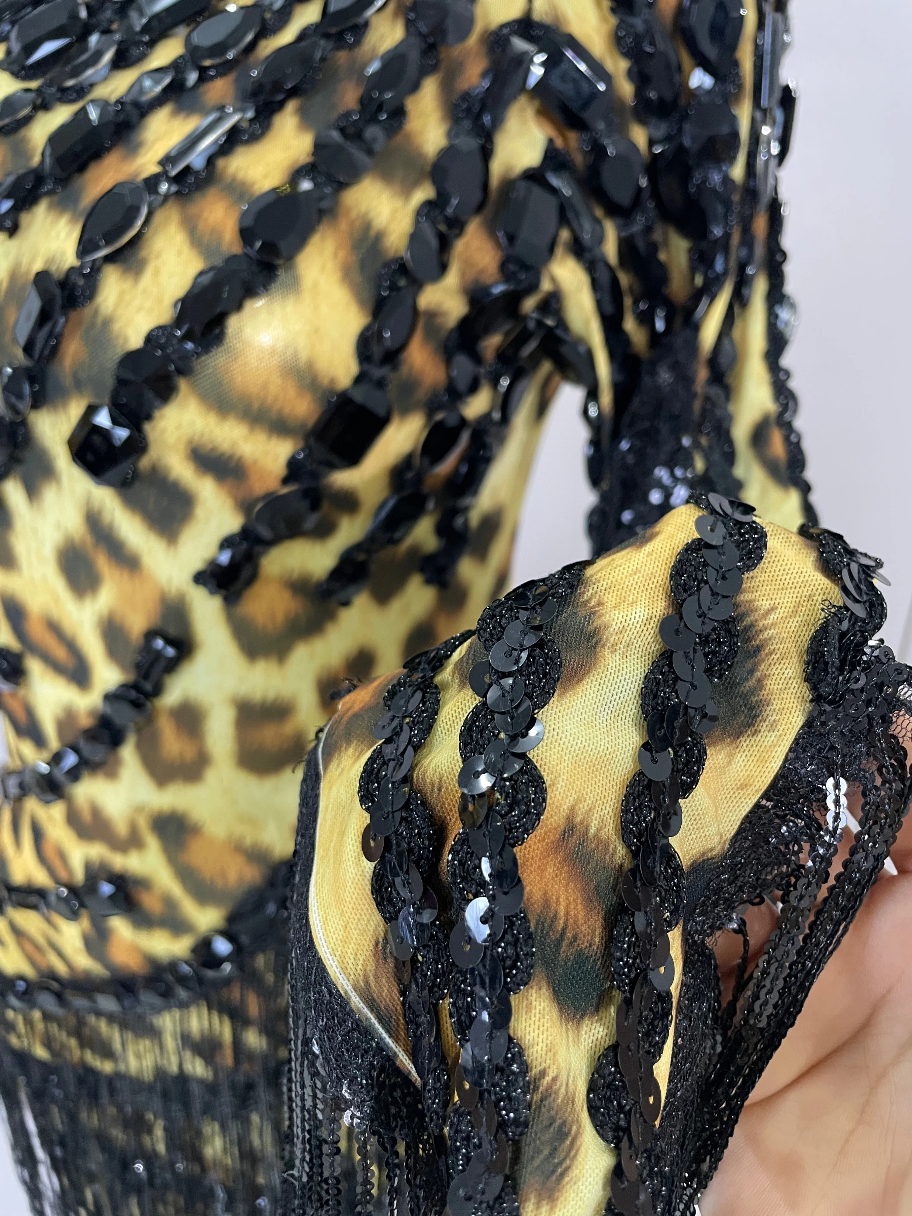 Women Colorful Sparkly Rhinestones Tassel Sexy See-Through Dress One Shoulder Latin Dance Outfits Nightclub Party Stage Costume
