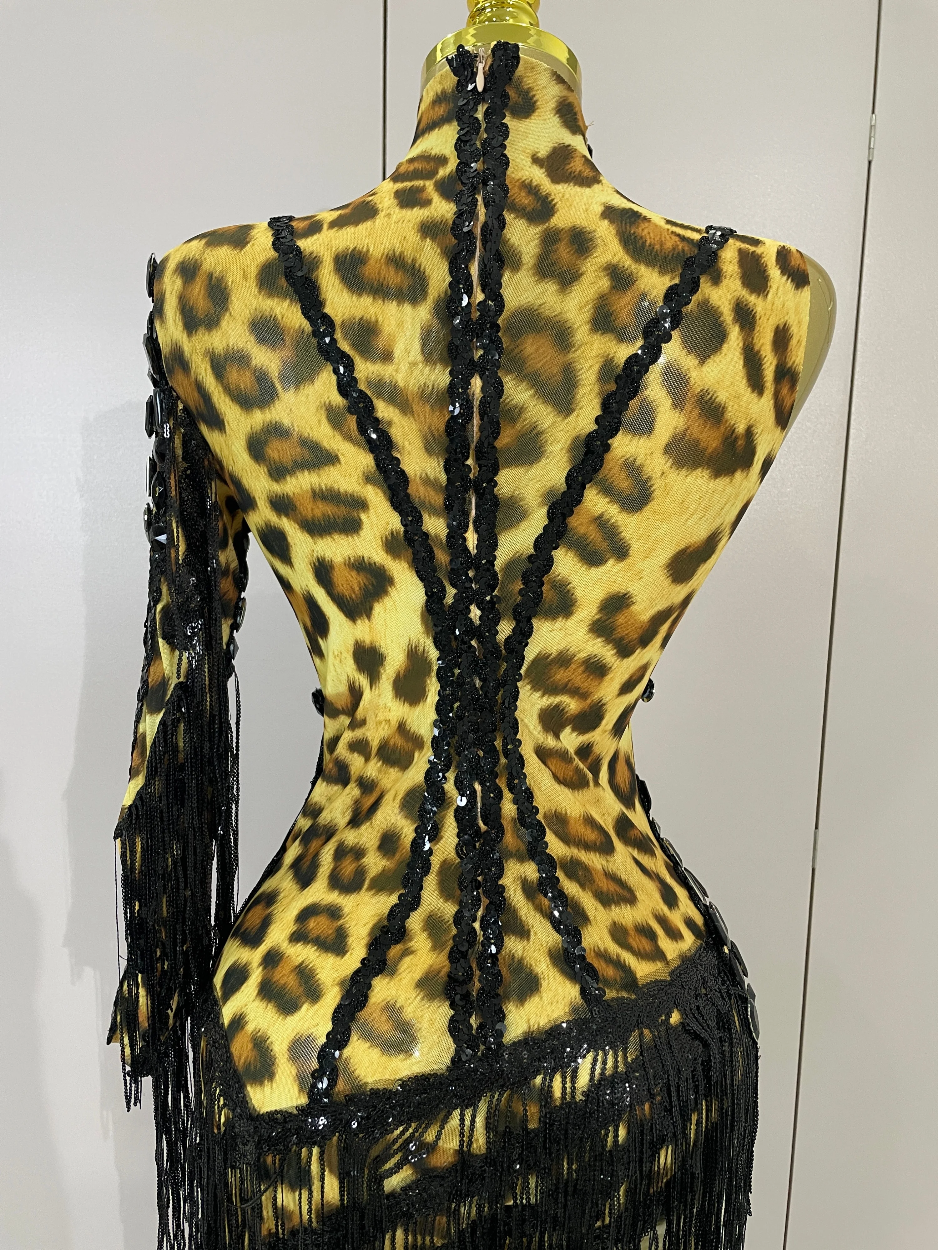 Women Colorful Sparkly Rhinestones Tassel Sexy See-Through Dress One Shoulder Latin Dance Outfits Nightclub Party Stage Costume