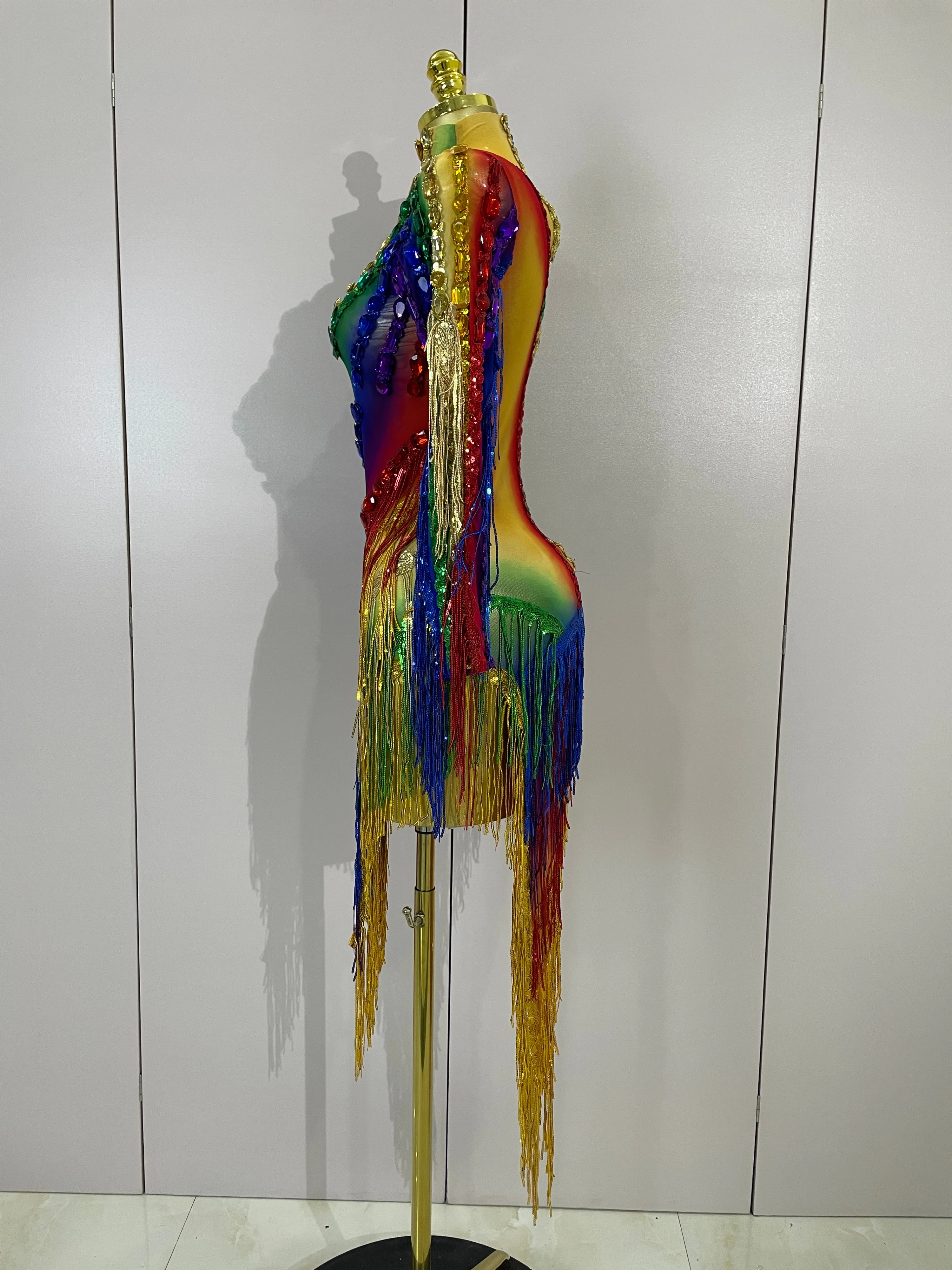 Women Colorful Sparkly Rhinestones Tassel Sexy See-Through Dress One Shoulder Latin Dance Outfits Nightclub Party Stage Costume