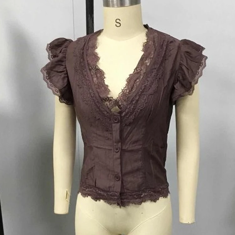 Women Boho Deep V Lace Trim Flutter Sleeve Purple Blouse For Women Sheer Tie Waist Vintage Cropped Summer Vacation Top