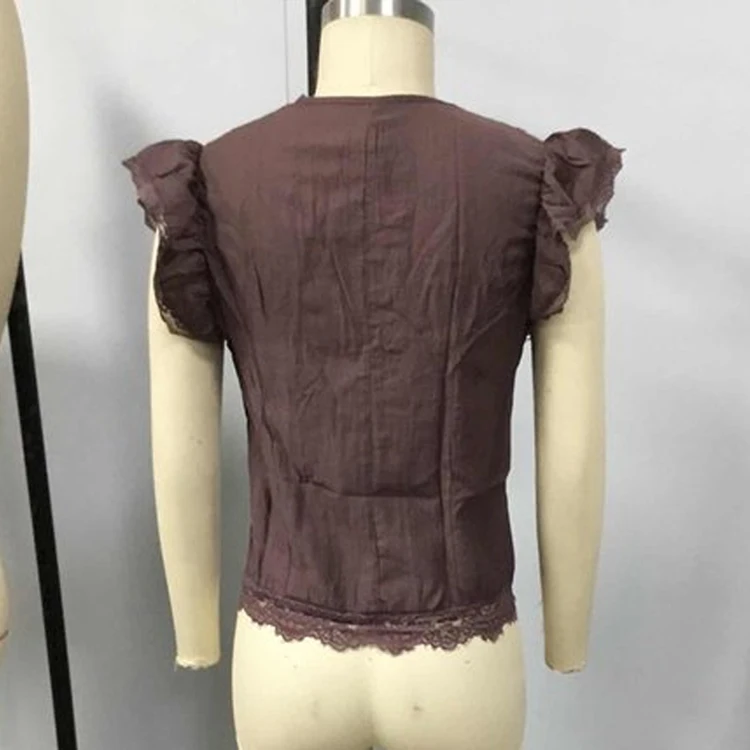 Women Boho Deep V Lace Trim Flutter Sleeve Purple Blouse For Women Sheer Tie Waist Vintage Cropped Summer Vacation Top