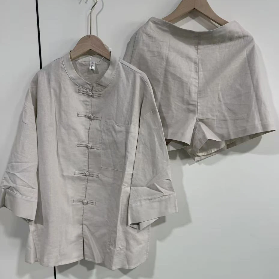 Summer Women Fashion Asian Button Chinese style Shirt Short sets