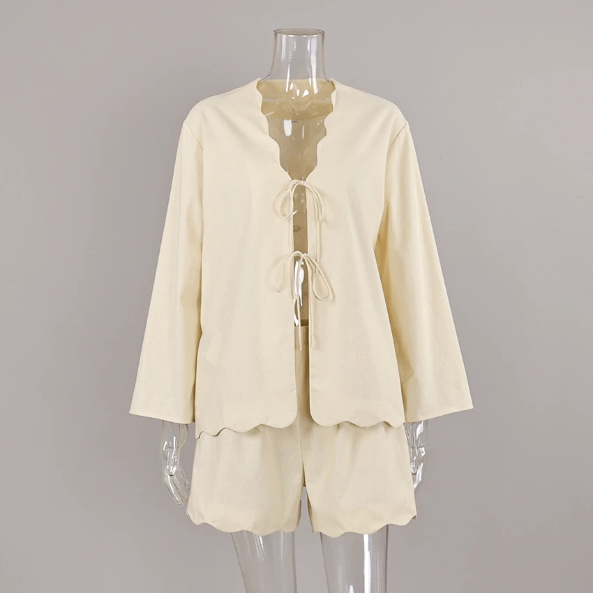 Linad Casual Loose Shorts Suits Women Elegant V Neck Lace Up Blouse With Elastic Waist Mini Pants Ruffles 2 Piece 2026 Summer