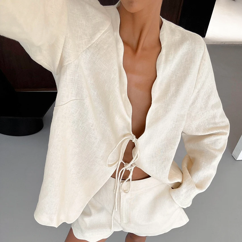 Linad Casual Loose Shorts Suits Women Elegant V Neck Lace Up Blouse With Elastic Waist Mini Pants Ruffles 2 Piece 2026 Summer