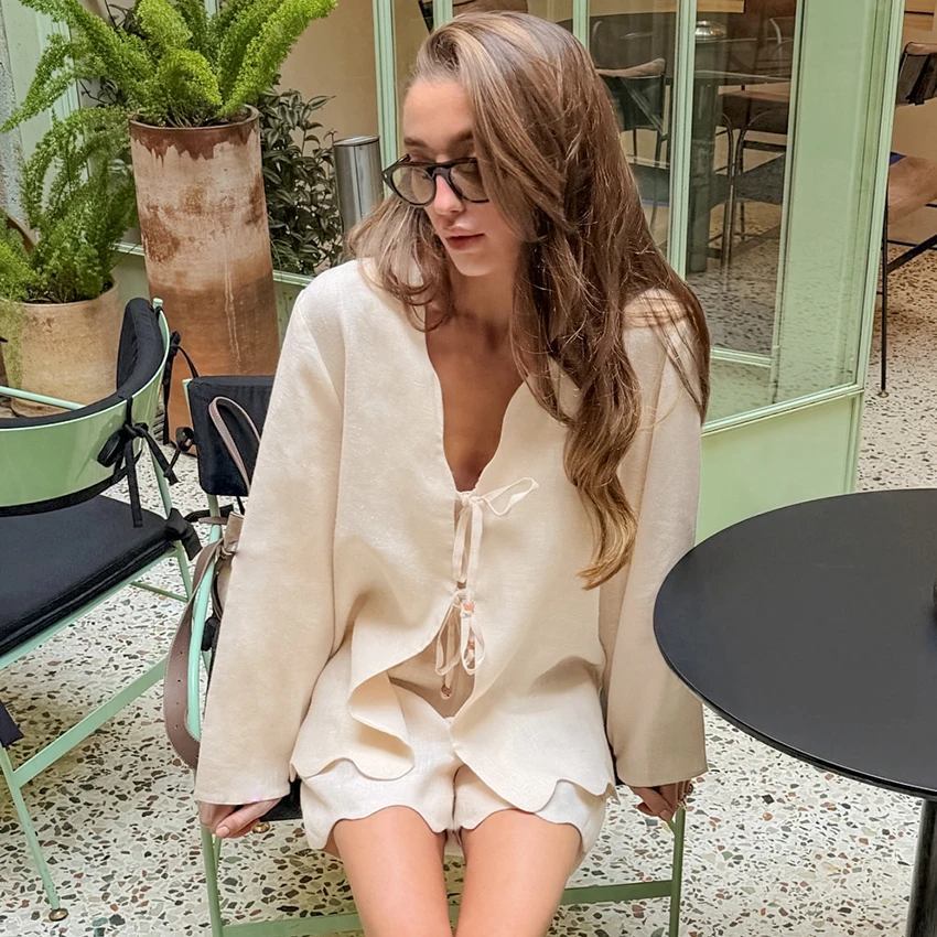Linad Casual Loose Shorts Suits Women Elegant V Neck Lace Up Blouse With Elastic Waist Mini Pants Ruffles 2 Piece 2026 Summer