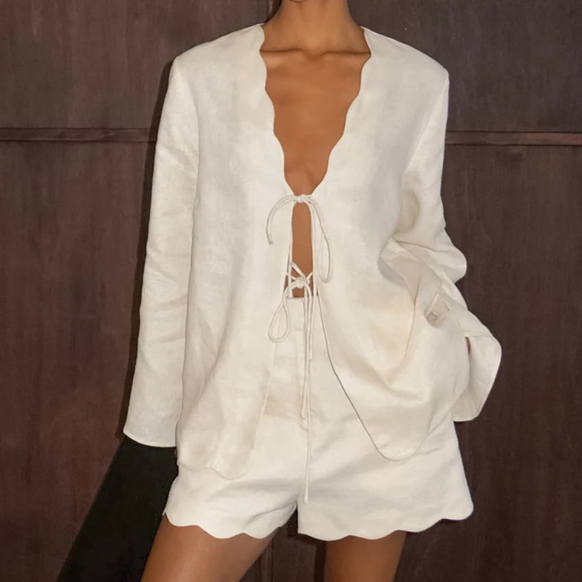 Linad Casual Loose Shorts Suits Women Elegant V Neck Lace Up Blouse With Elastic Waist Mini Pants Ruffles 2 Piece 2026 Summer