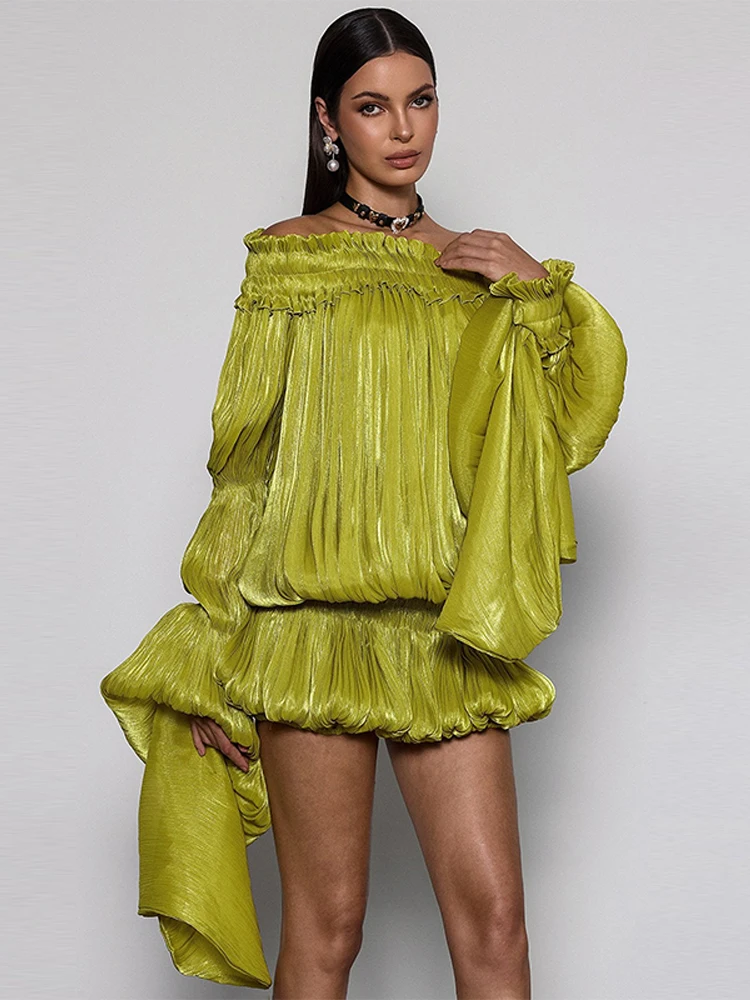 Women's Y2k Off Shoulder Pleated Mini Dress Elegant Lime Green Flare Long Sleeve Ruffle Hem Bubble Vestidos Date Party Dresses