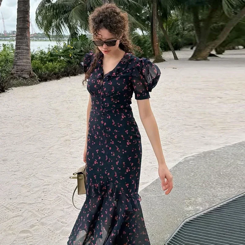 Floral Print Women's Summer Ruffle Dress Sexy V-neck Short Puff Short Sleeve Beach Slim Female Dress 2026 Holidays Lady Robe