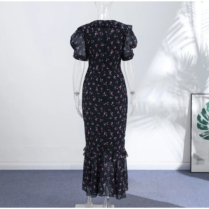 Floral Print Women's Summer Ruffle Dress Sexy V-neck Short Puff Short Sleeve Beach Slim Female Dress 2026 Holidays Lady Robe