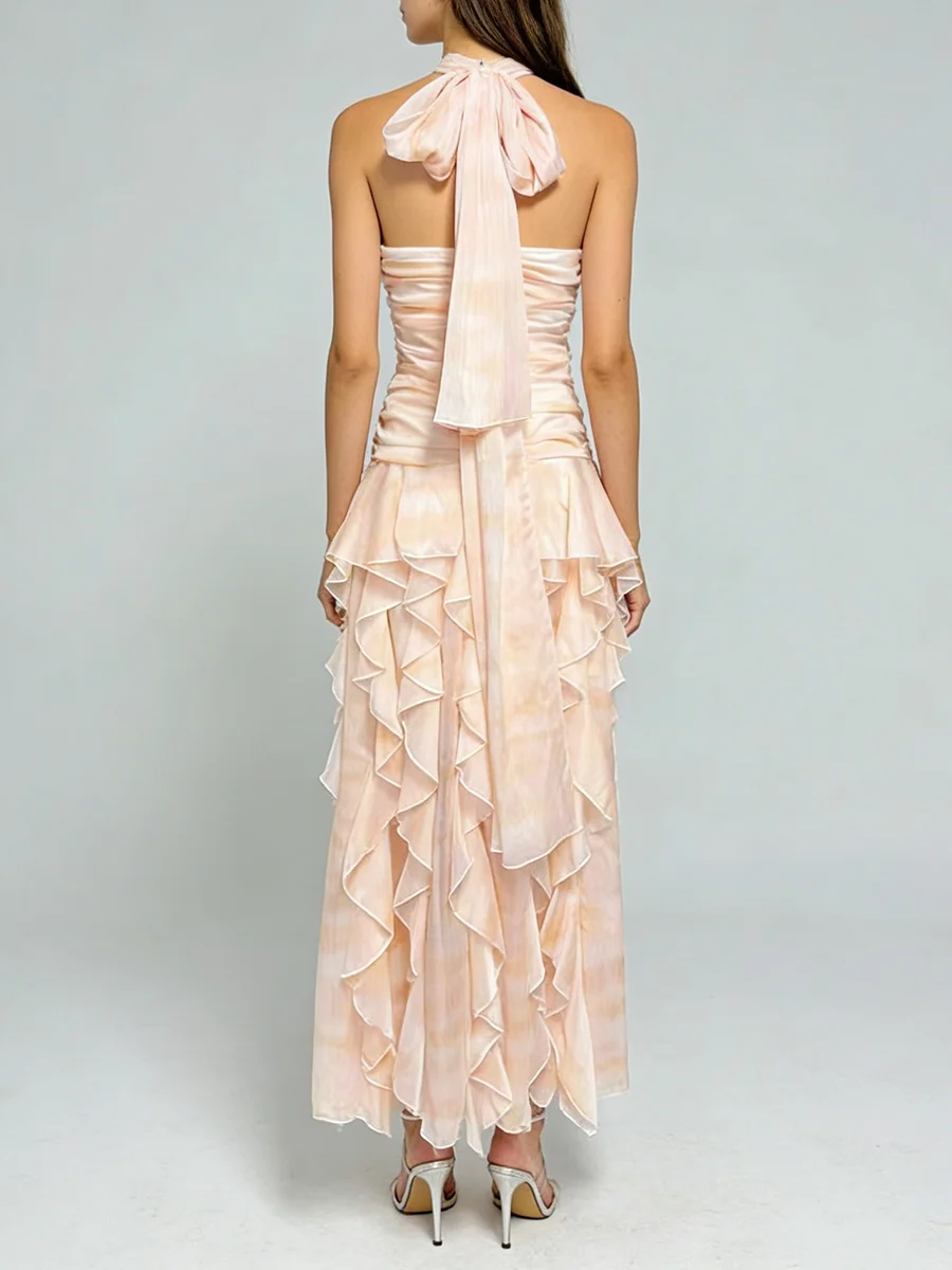 TWOTWINSTYLE Patchwork Folds Print Dresses for Women Halter Sleeveless High Waist Slimming Long Dress Female Fashion Clothing