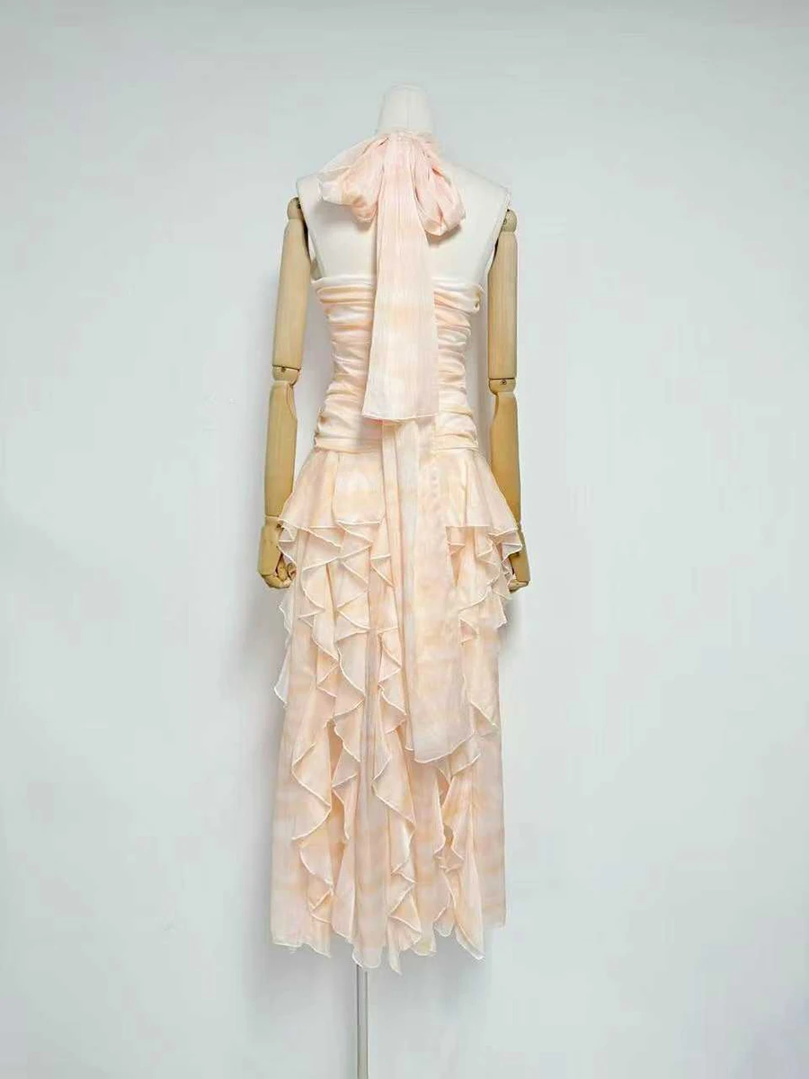 TWOTWINSTYLE Patchwork Folds Print Dresses for Women Halter Sleeveless High Waist Slimming Long Dress Female Fashion Clothing