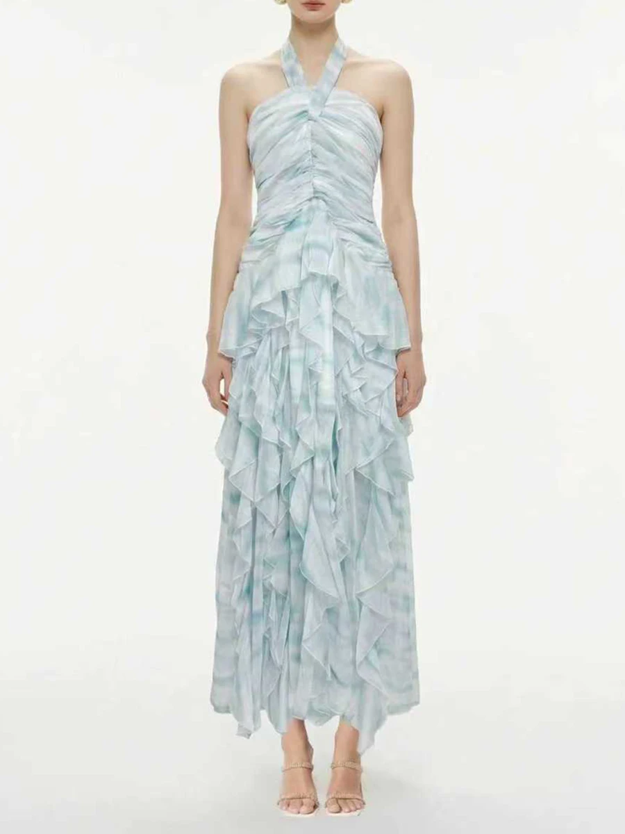 TWOTWINSTYLE Patchwork Folds Print Dresses for Women Halter Sleeveless High Waist Slimming Long Dress Female Fashion Clothing
