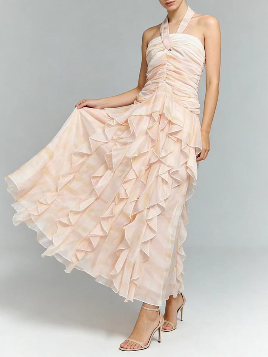 TWOTWINSTYLE Patchwork Folds Print Dresses for Women Halter Sleeveless High Waist Slimming Long Dress Female Fashion Clothing