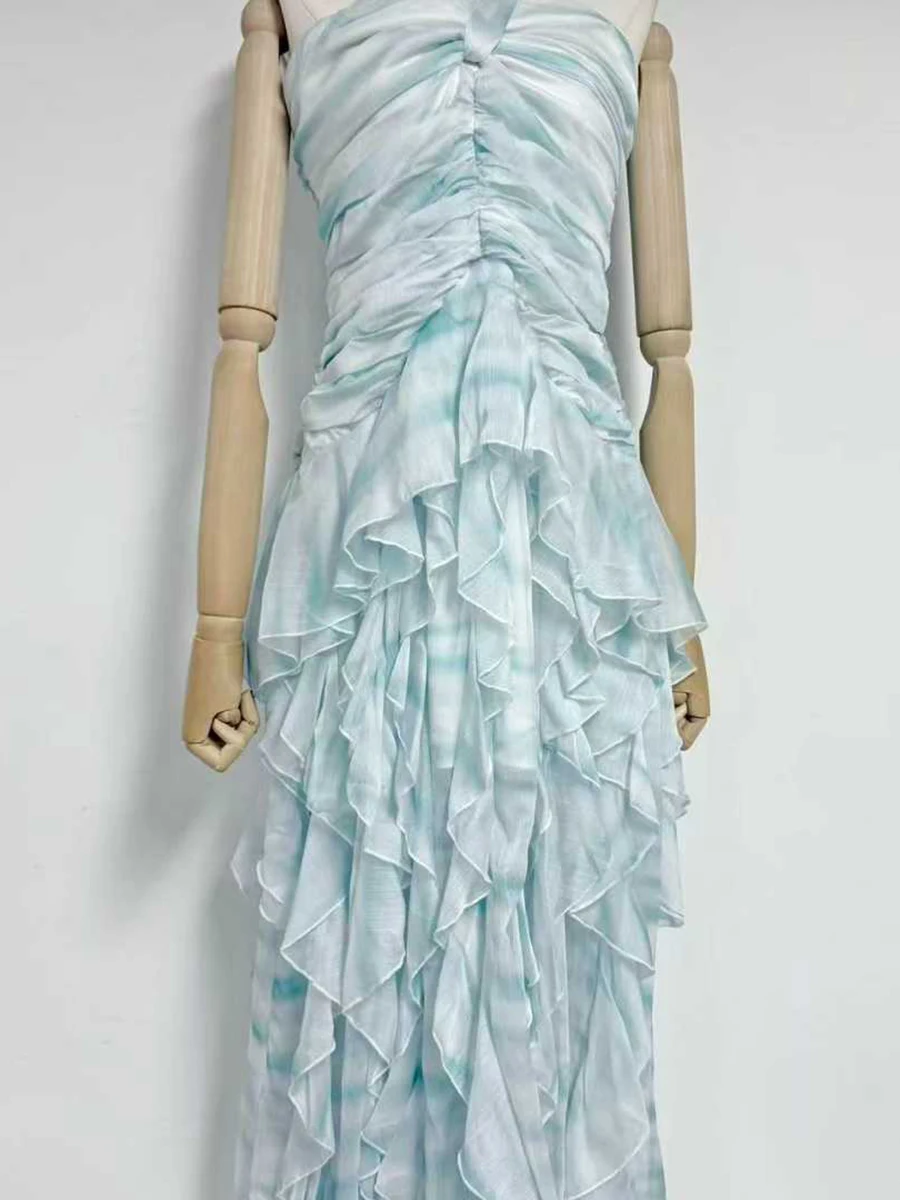 TWOTWINSTYLE Patchwork Folds Print Dresses for Women Halter Sleeveless High Waist Slimming Long Dress Female Fashion Clothing