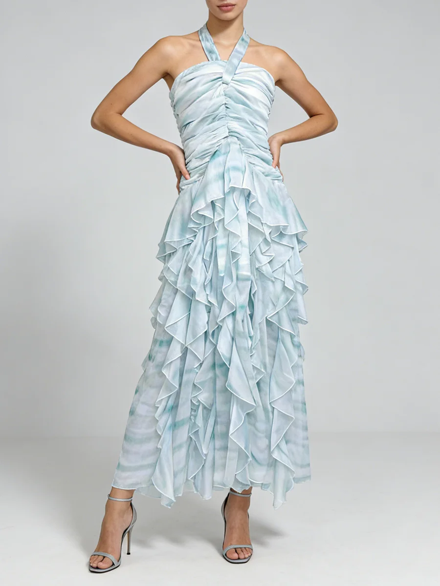 TWOTWINSTYLE Patchwork Folds Print Dresses for Women Halter Sleeveless High Waist Slimming Long Dress Female Fashion Clothing