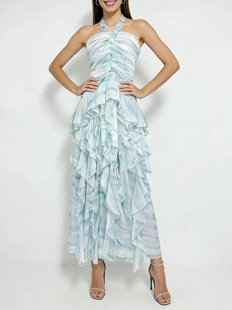 TWOTWINSTYLE Patchwork Folds Print Dresses for Women Halter Sleeveless High Waist Slimming Long Dress Female Fashion Clothing