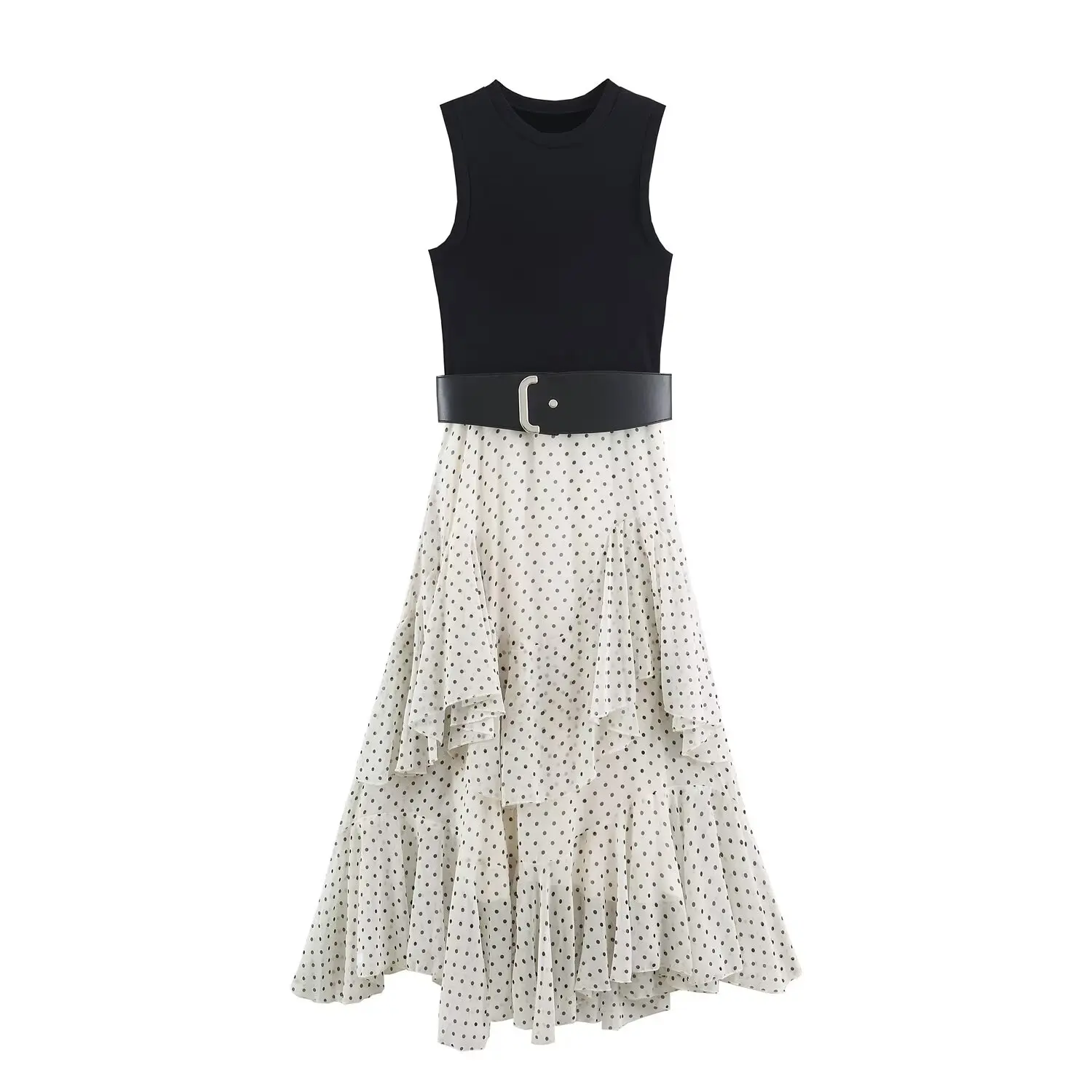BSAY Elegant Date Party Women Sleeveless Maxi Dress Polka Dot Tiered Ruffle Asymmetrical Hem With Belt Flowy Evening Long Dress