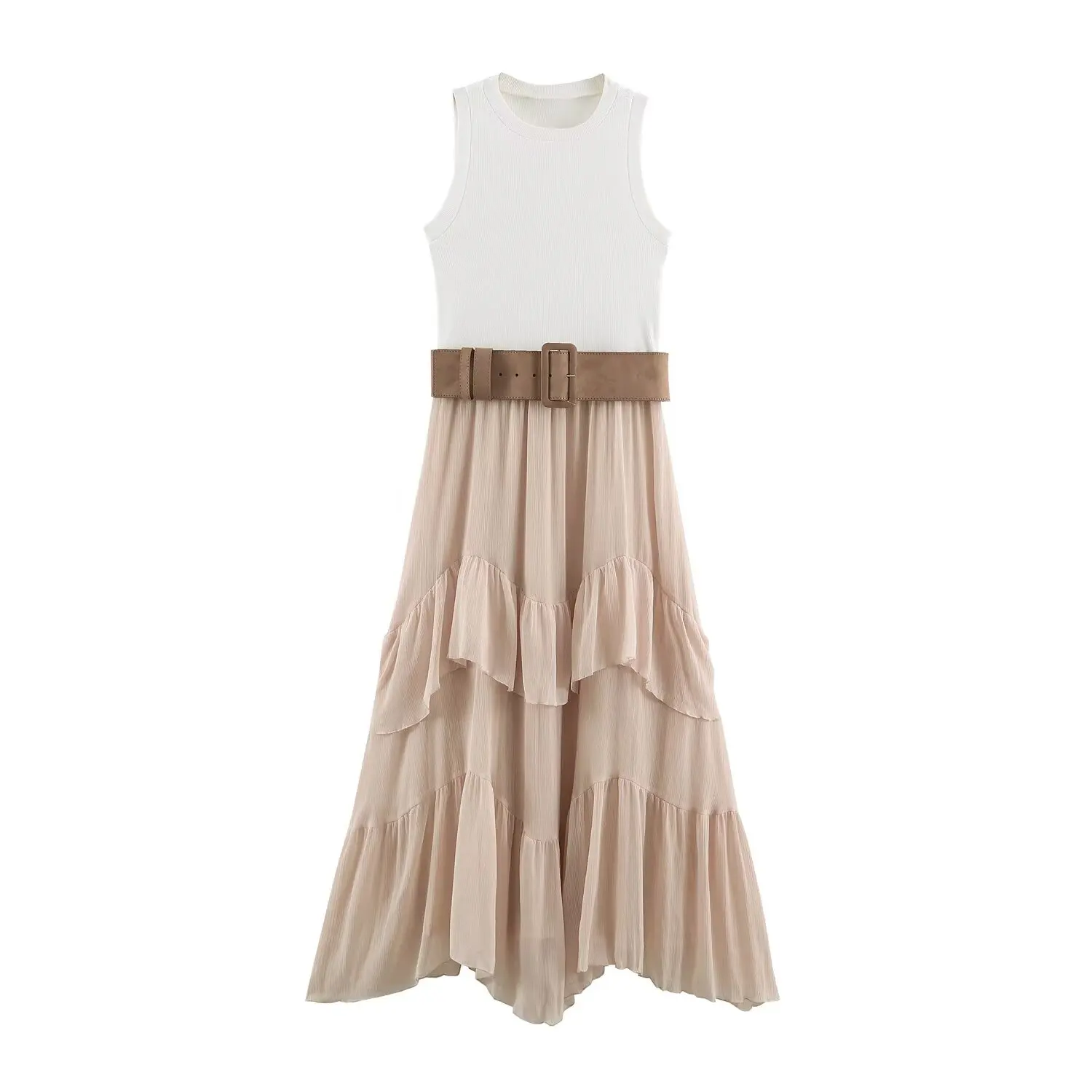 BSAY Elegant Date Party Women Sleeveless Maxi Dress Polka Dot Tiered Ruffle Asymmetrical Hem With Belt Flowy Evening Long Dress
