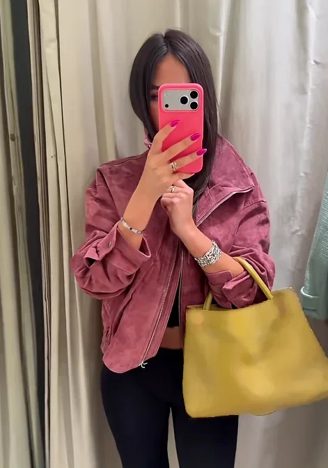 Fashion Dusty Pink Long Sleeve Faux Suede Jackets Women Oversized Stand Collar Zip Up Casual Coat 2026 Autumn New Commute Outfit
