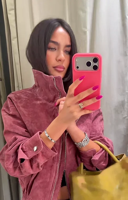 Fashion Dusty Pink Long Sleeve Faux Suede Jackets Women Oversized Stand Collar Zip Up Casual Coat 2026 Autumn New Commute Outfit