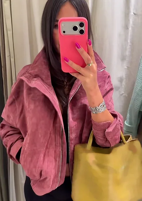 Fashion Dusty Pink Long Sleeve Faux Suede Jackets Women Oversized Stand Collar Zip Up Casual Coat 2026 Autumn New Commute Outfit