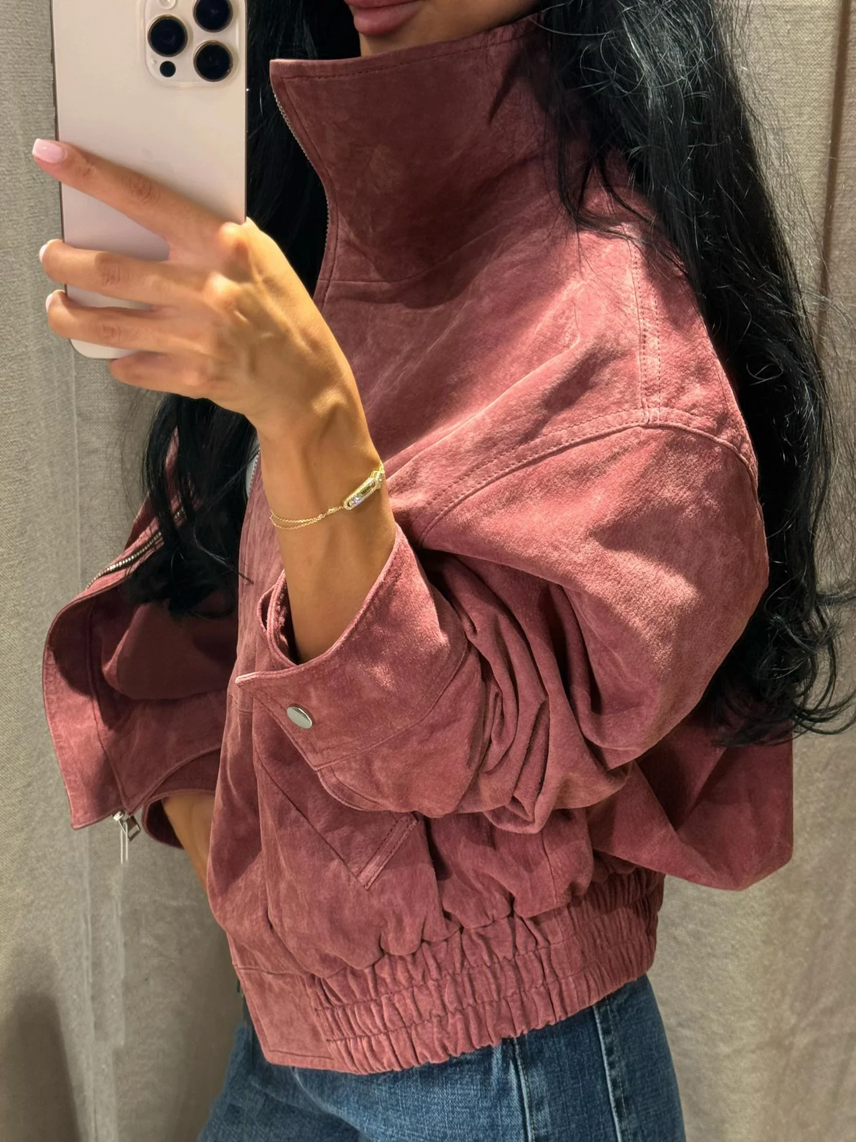 Fashion Dusty Pink Long Sleeve Faux Suede Jackets Women Oversized Stand Collar Zip Up Casual Coat 2026 Autumn New Commute Outfit