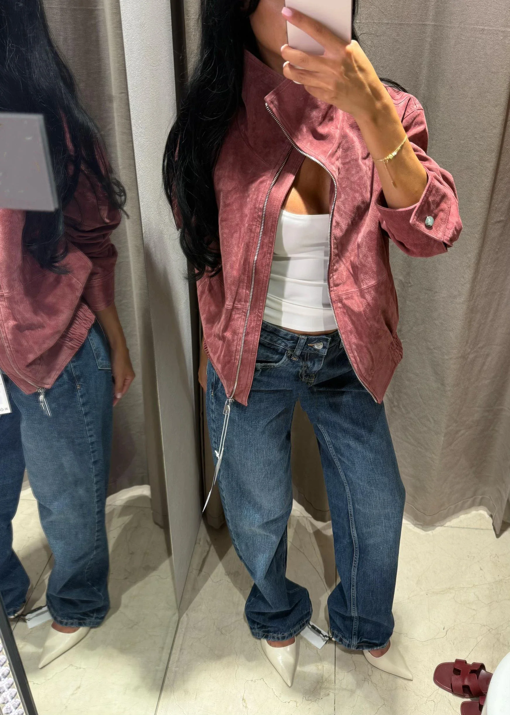 Fashion Dusty Pink Long Sleeve Faux Suede Jackets Women Oversized Stand Collar Zip Up Casual Coat 2026 Autumn New Commute Outfit