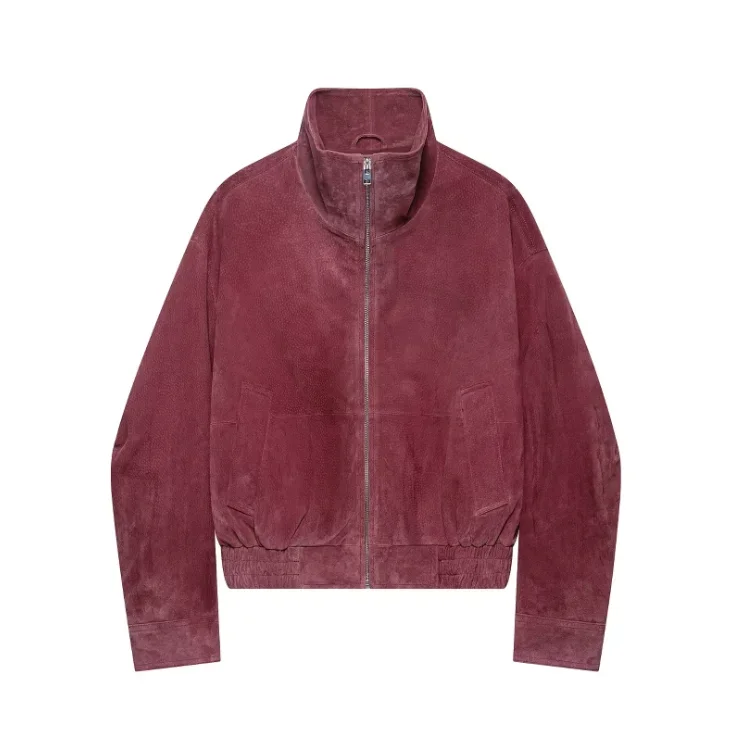 Fashion Dusty Pink Long Sleeve Faux Suede Jackets Women Oversized Stand Collar Zip Up Casual Coat 2026 Autumn New Commute Outfit