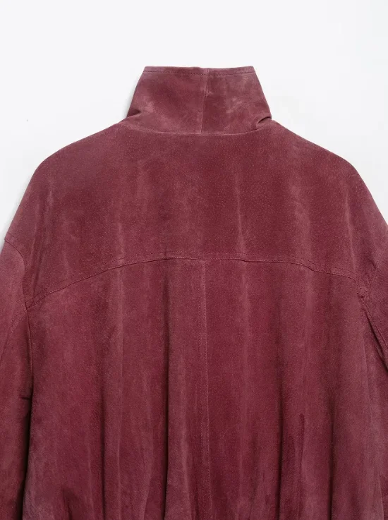 Fashion Dusty Pink Long Sleeve Faux Suede Jackets Women Oversized Stand Collar Zip Up Casual Coat 2026 Autumn New Commute Outfit